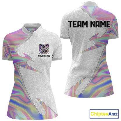 Personalized Pink Holographic Dartboard Pattern Women Darts Polo & 1/4-Zip Shirts Dart Team Jerseys NYN2811