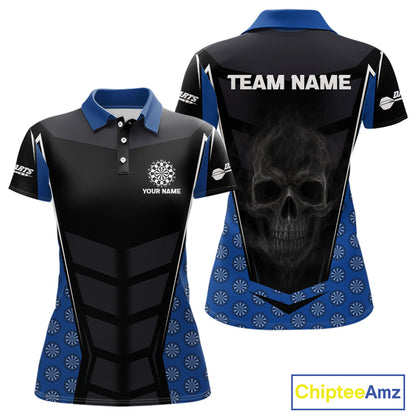 White Fog Skull & Dartboard - Blue Darts Team Shirt For Women With Custom Name NYN0484