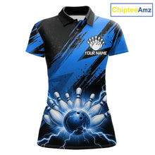 Load image into Gallery viewer, Thunder lightning bowling polo shirt for women blue stripes bowling jersey