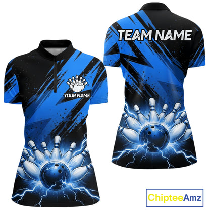 Thunder lightning bowling quarter zip shirt for women blue stripes bowling jersey