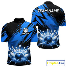 Load image into Gallery viewer, Thunder lightning bowling polo quarter zip shirt for men blue stripes bowling jersey