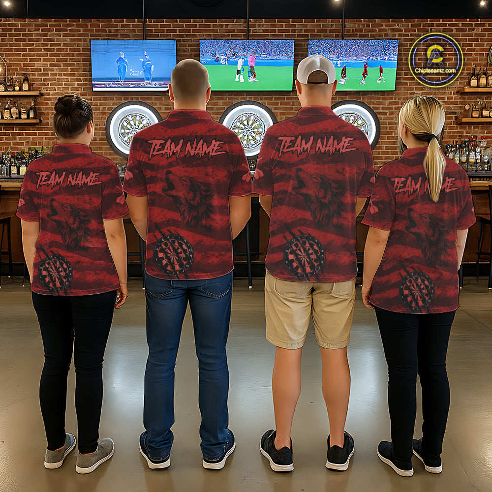 Custom Red Grunge Wolf Torn Dartboard Women Darts Quarter-Zip Shirt Wolf Dart League Jerseys NYN2166