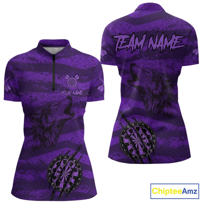 Custom Purple Grunge Wolf Torn Dartboard Women Darts Quarter-Zip Shirt Wolf Dart League Jerseys NYN2167