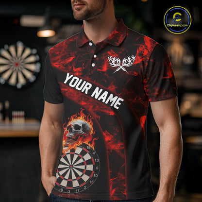 Custom Black & Red Flaming Skull Darts Polo Shirt For Men Skull Dart League Jerseys NYN2169