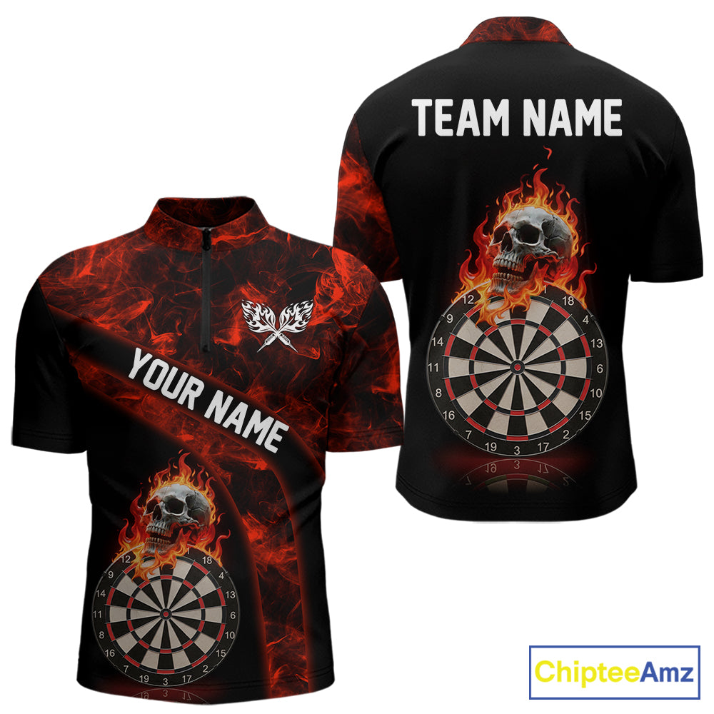 Custom Black & Red Flaming Skull Darts Quarter-Zip Shirt For Men Skull Dart League Jerseys NYN2169
