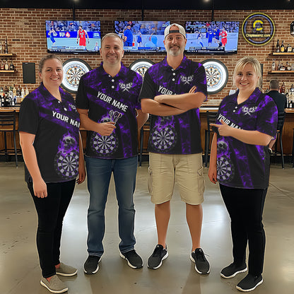 Custom Black & Purple Flaming Skull Darts Polo Shirt For Women Skull Dart League Jerseys NYN2170