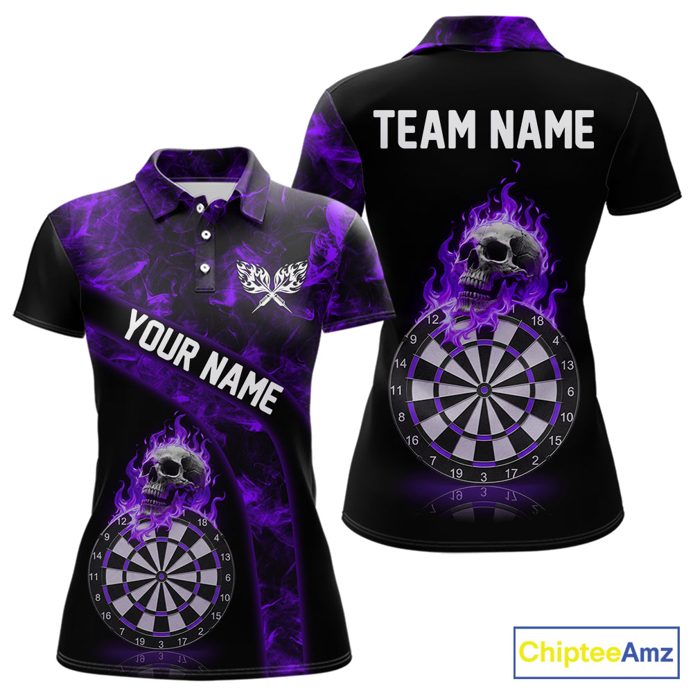 Custom Black & Purple Flaming Skull Darts Polo Shirt For Women Skull Dart League Jerseys NYN2170