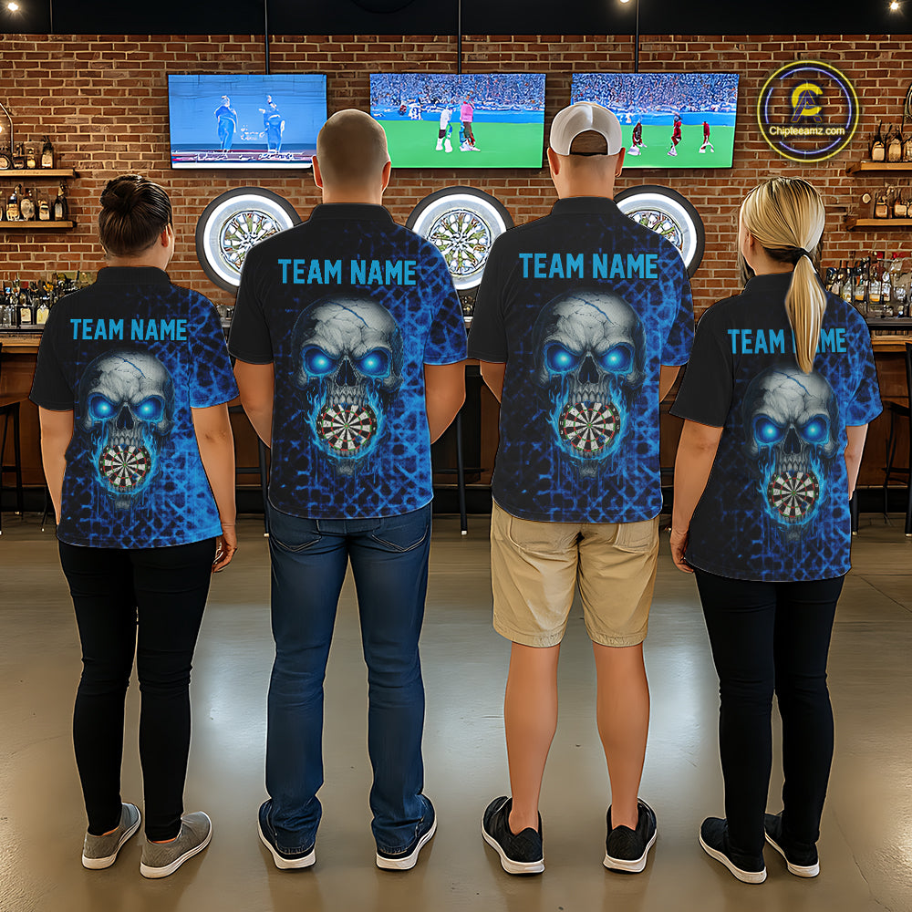 Custom Blue Dripping Skull Darts Quarter-Zip Shirt For Women Fire Flame Skull Dart League Jerseys NYN2173