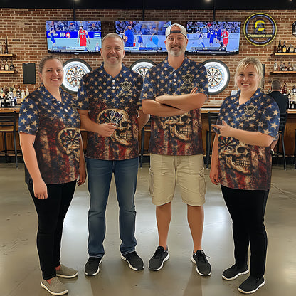 US Flag Retro Cracked Skull Dartboard Women Darts Polo Shirt Custom Patriotic Vintage Dart Shirt NYN2660