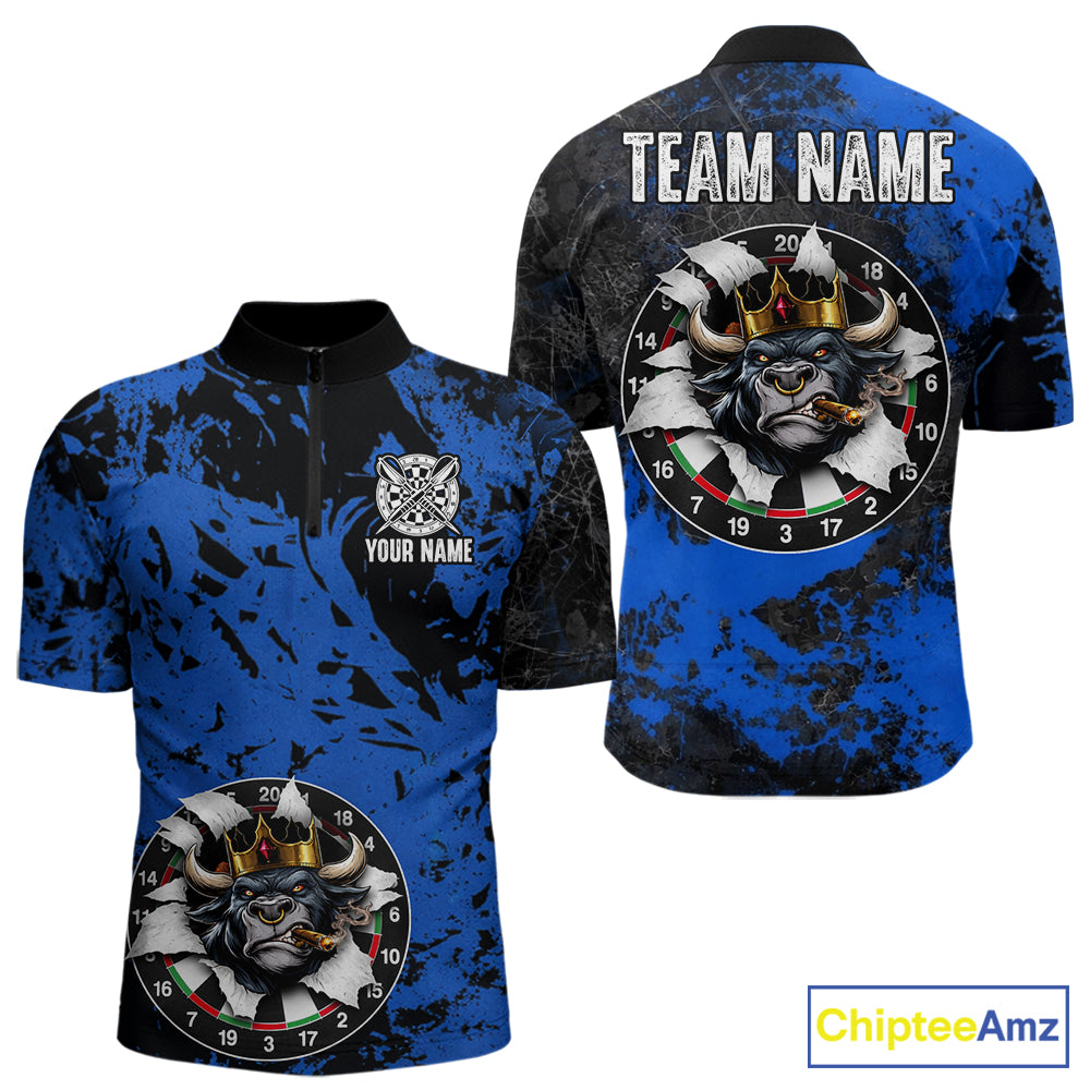Personalized Black & Grunge Crown Blue Funny Bull Cracked Darts Shirts For Men Dart Team Jerseys NYN2817