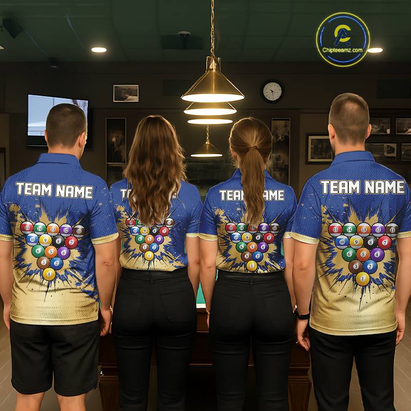 Gold Blue Splatter Billiard Custom Women Billiard Polo & 1/4-Zip Shirts Pool Billiard Team Jerseys NYN3013