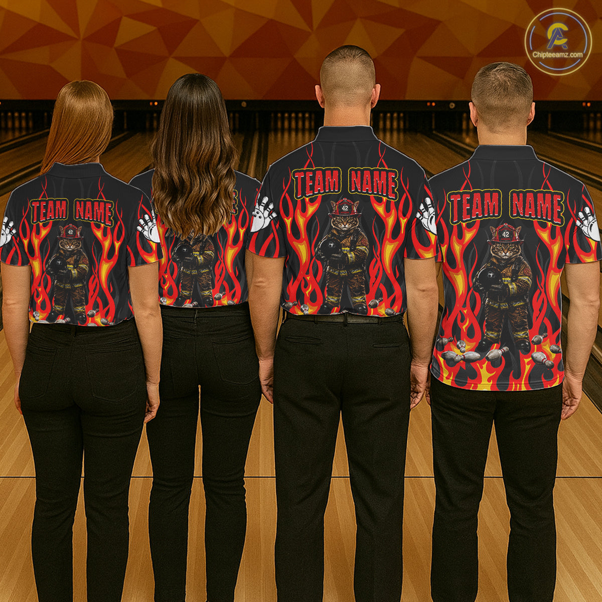 Personalized Funny Cat Firefighter Fire Flame Men Bowling Shirt Custom Team Shirts For Bowlers NYN3191