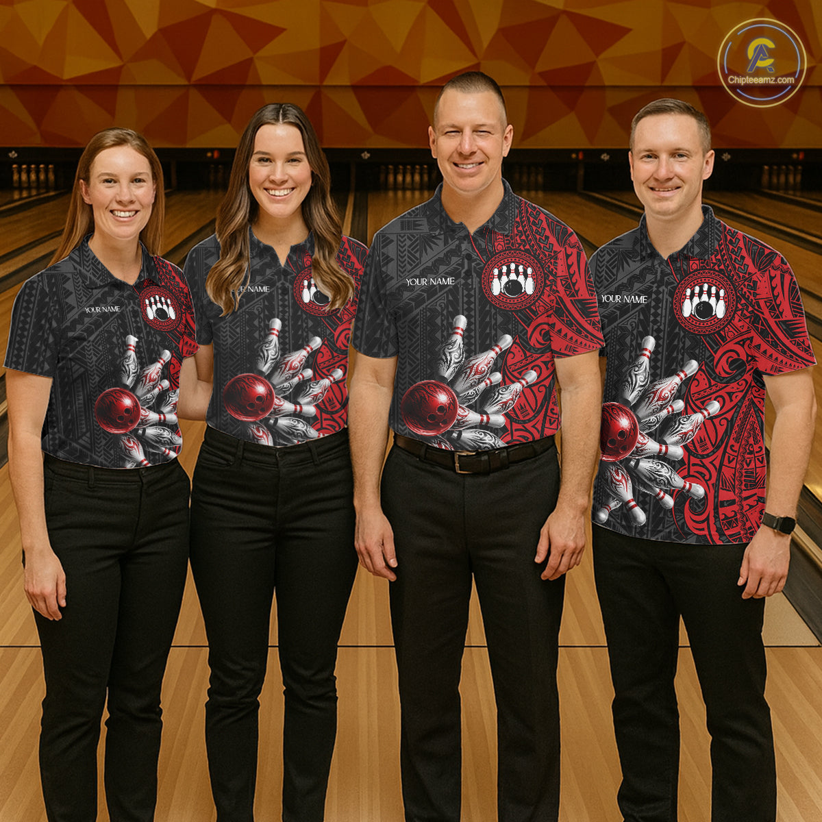 Red And Black Polynesian Tribal Bowling Ball & Pins Shirt For Men Custom Bowling Team Shirts Outfit NYN3201