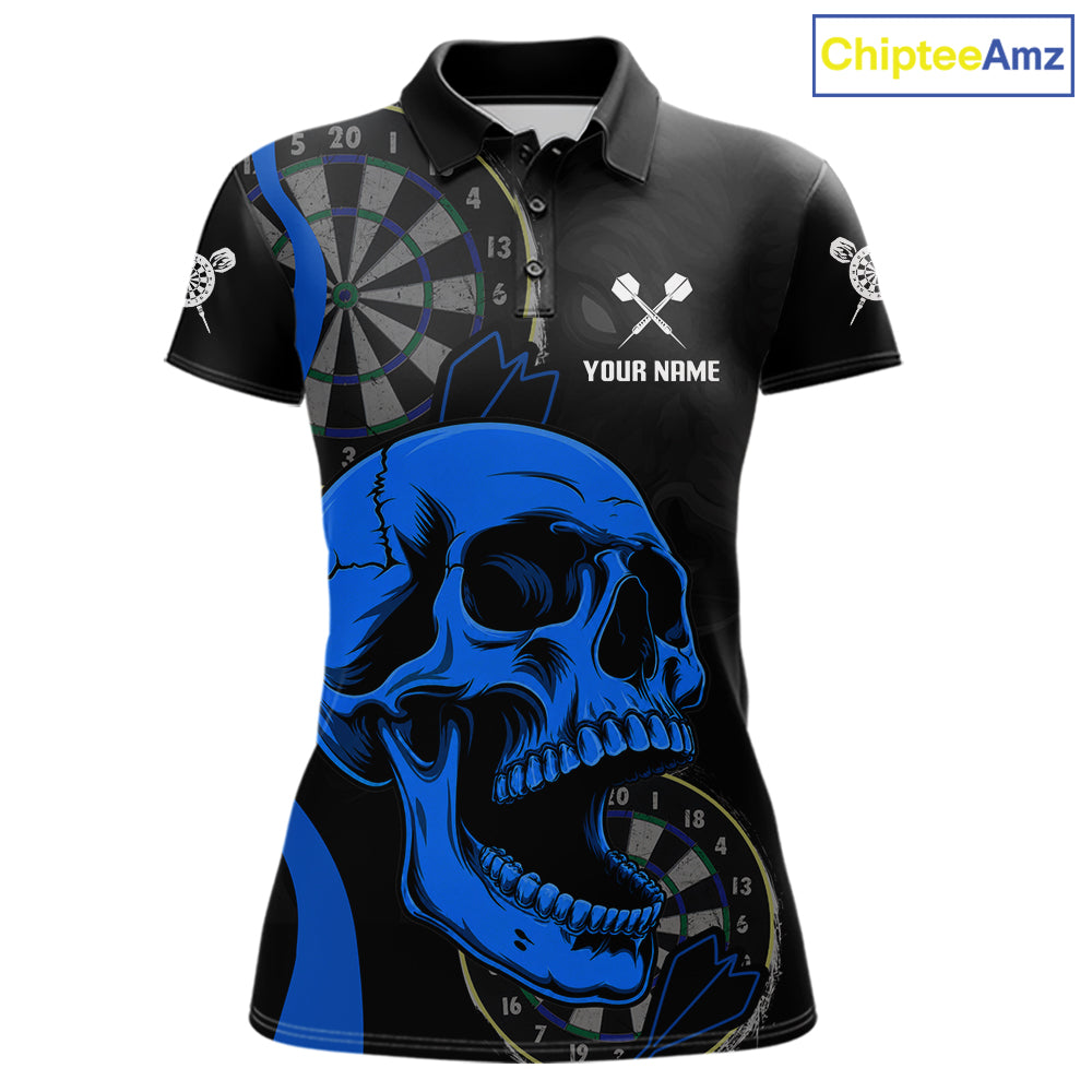Personalized Black Blue Skull Women's Darts Polo Shirt Mockup, Skull Dart Tournament Jersey, Custom League Apparel