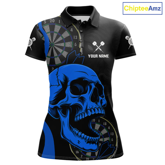 Personalized Black Blue Skull Women's Darts Polo Shirt Mockup, Skull Dart Tournament Jersey, Custom League Apparel