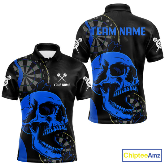 Personalized Black Blue Skull Men's Darts Polo Shirt Mockup, Professional Skull Dart Team Jersey
