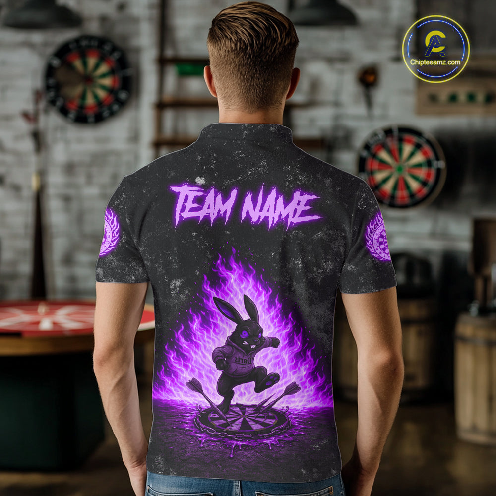 Male model wearing Crazy Rabbit Fire Flame Purple Darts Polo, Personalized Tournament Apparel