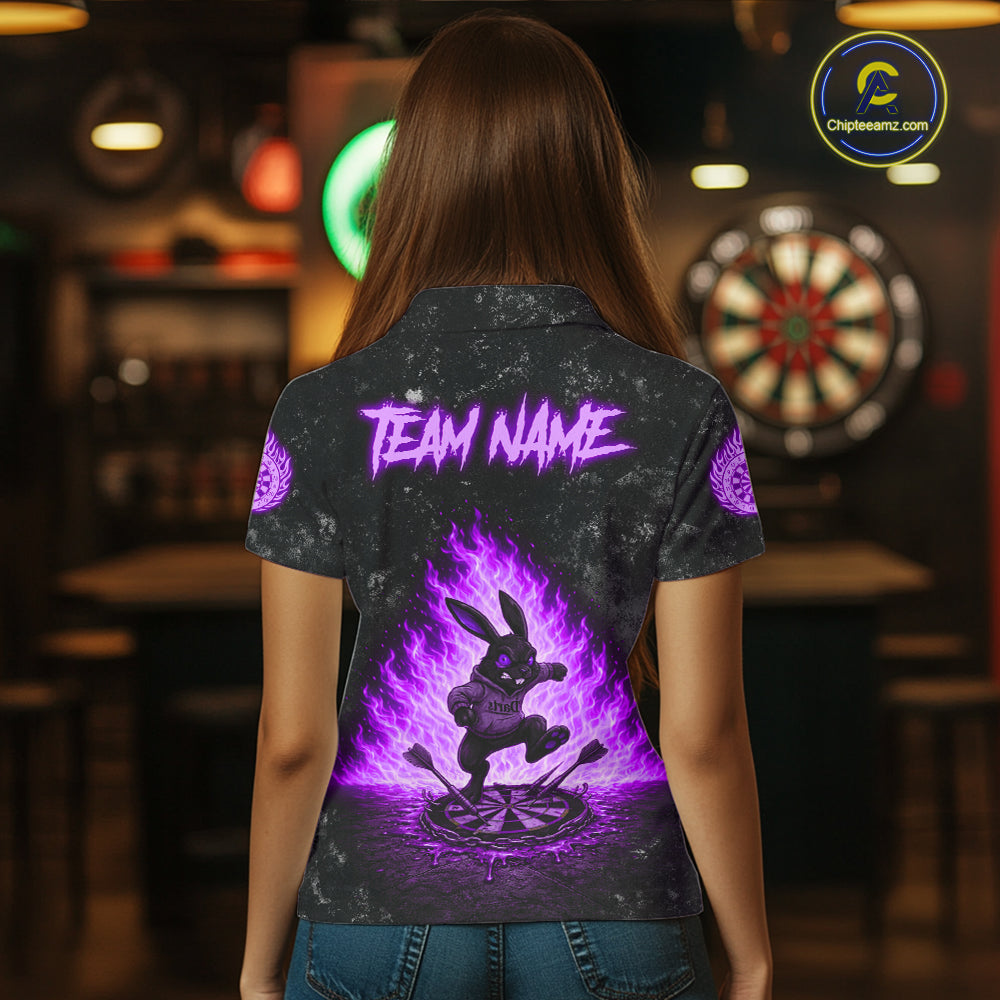 Female model wearing Crazy Rabbit Fire Flame Purple Women's Darts Polo, Personalized League Jersey