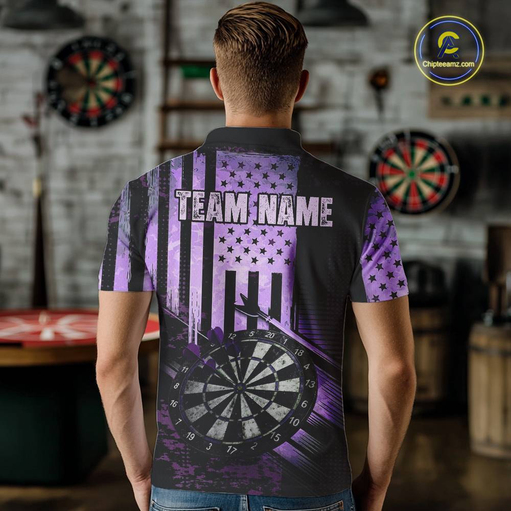 Purple US Flag Grunge Dartboard & Arrow Men Darts 1/4-Zip Shirts Custom Dart Team Jerseys NYN2444