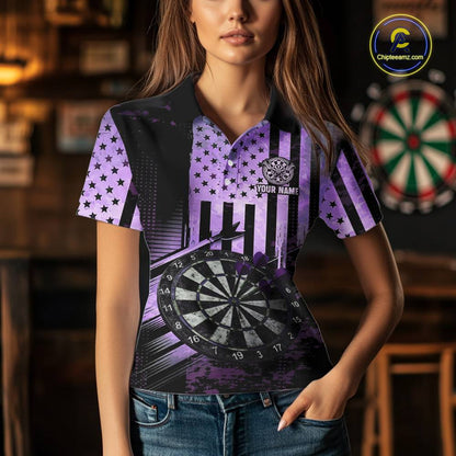 Purple US Flag Grunge Dartboard & Arrow Women Darts Polo Shirts Custom Dart Team Jerseys NYN2444