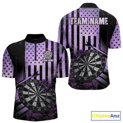Purple US Flag Grunge Dartboard & Arrow Men Darts 1/4-Zip Shirts Custom Dart Team Jerseys NYN2444