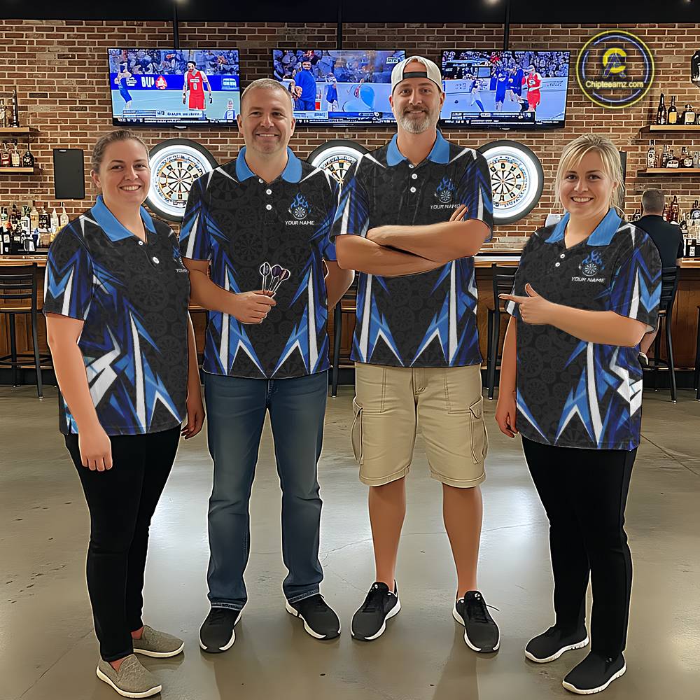 Black And Blue Flames Dartboard Men Darts Polo Shirts Custom Fire Flame Dart Team Jerseys NYN2445