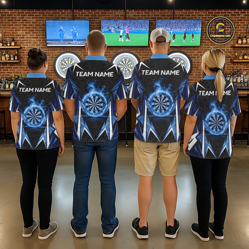 Black And Blue Flames Dartboard Men Darts Polo Shirts Custom Fire Flame Dart Team Jerseys NYN2445