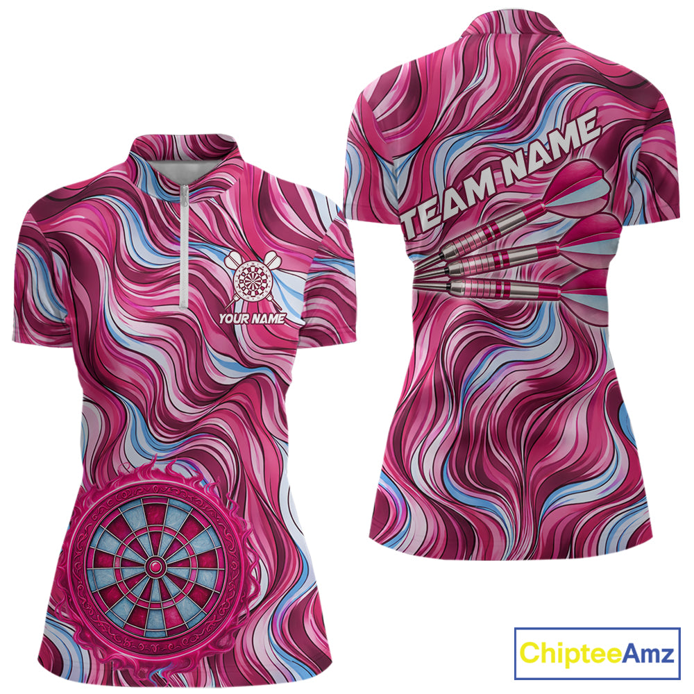 Custom Pink Blue Paint Dartboard & Arrow Polo & Quarter-Zip Shirt For Women Outfits Dart Jerseys NYN2825