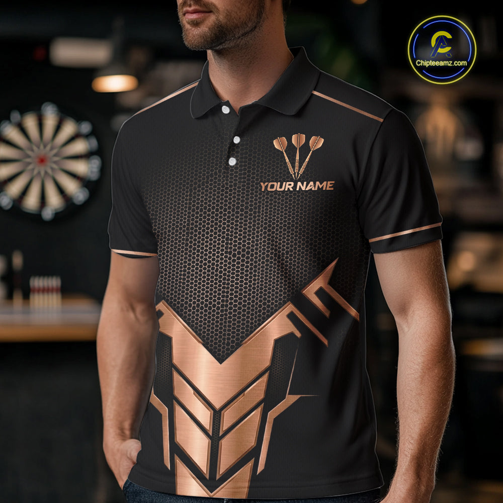 Black And Metallic Copper Darts Polo & 1/4-Zip Shirt For Men Custom Outfits Team Darts Jersey NYN3040