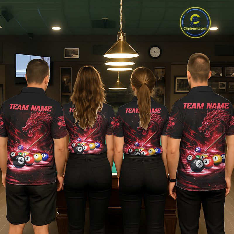 Red Funny Dragon Thunder Ball Pool Billiard Team Shirt For Women Custom Billiards Ball Attire NYN3041