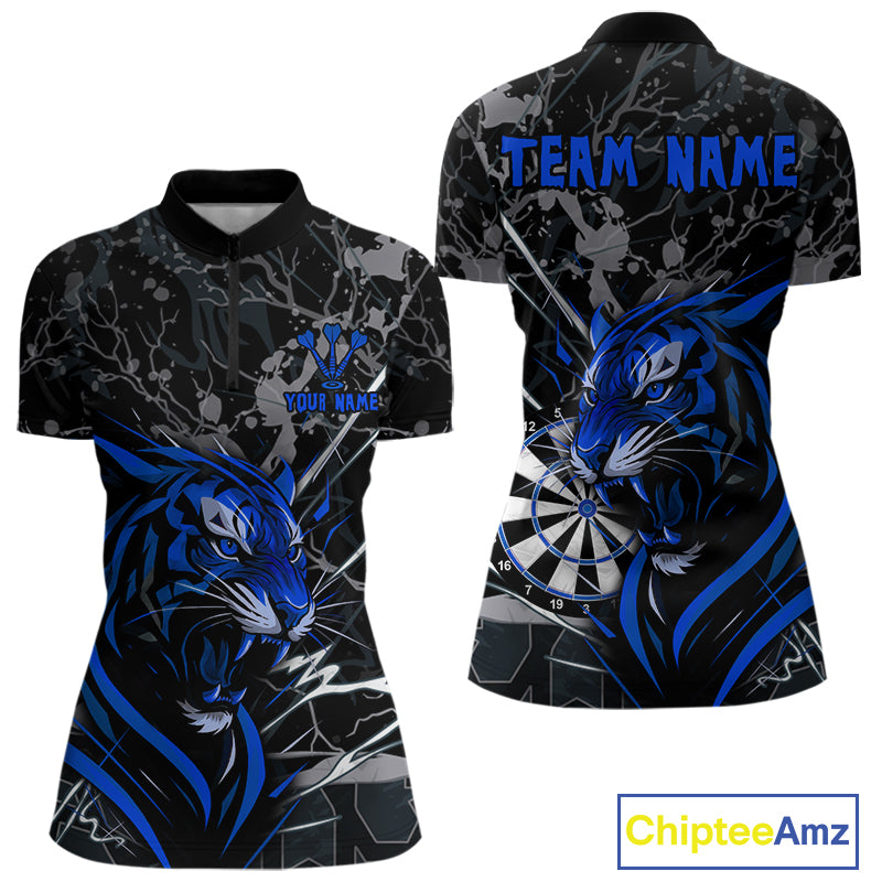 Women's 1/4-Zip Dart Shirt Blue Fierce Tiger Dartboard Personalized Darts Jerseys Outfits NYN1016