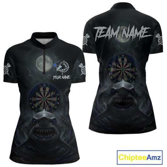Black And Blue Gothic Shark Dartboard Custom Women Darts Quarter-Zip Shirt Shark Dart Jerseys NYN1922