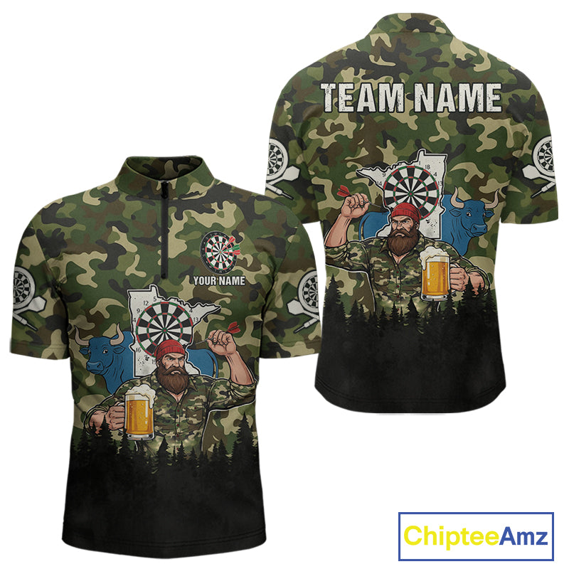 Custom Camouflage Human & Funny Beer Bull Dartboard Men Darts Quarter-Zip Shirt Dart Jerseys NYN1925