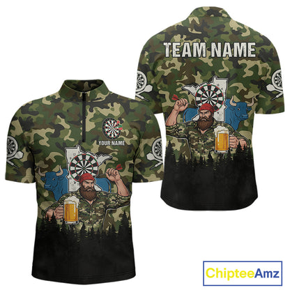 Custom Camouflage Human & Funny Beer Bull Dartboard Men Darts Quarter-Zip Shirt Dart Jerseys NYN1925