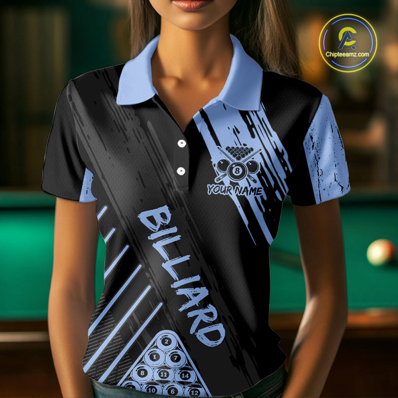 Light-Blue Grunge Billiard Ball Pool Men Polo & 1/4-Zip Shirt Custom 8 Ball Billiards Jerseys NYN2452