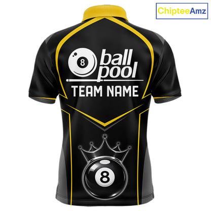 Black 8 Ball Crown Pool Men Polo & 1/4-Zip Team Shirts Custom Billiards Ball & Cue Attire|Yellow NYN2459