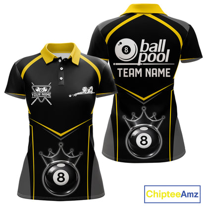Black 8 Ball Crown Pool Women Polo & 1/4-Zip Team Shirts Custom Billiards Ball & Cue Attire|Yellow NYN2459