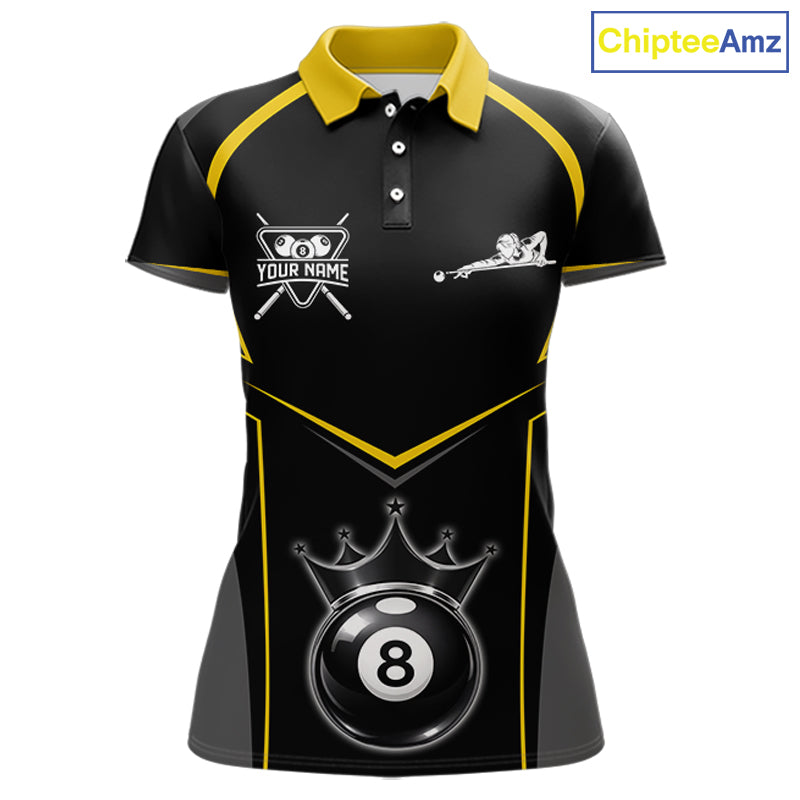 Black 8 Ball Crown Pool Women Polo & 1/4-Zip Team Shirts Custom Billiards Ball & Cue Attire|Yellow NYN2459
