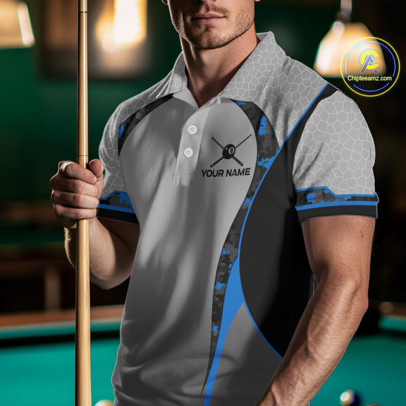 Camo 8 Ball Pool Billiard Polo & 1/4-Zip Shirt For Men Custom Blue And Grey Billiard Team Attire NYN3048