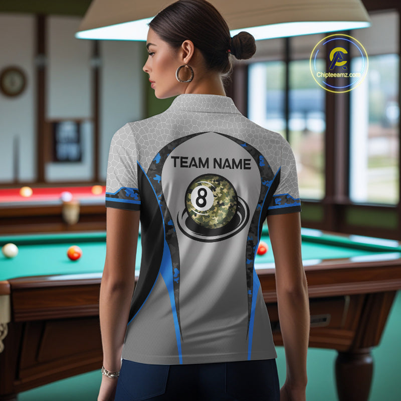 Camo 8 Ball Pool Billiard Polo & 1/4-Zip Shirt For Women Custom Blue And Grey Billiard Team Attire NYN3048