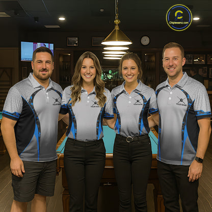Camo 8 Ball Pool Billiard Polo & 1/4-Zip Shirt For Women Custom Blue And Grey Billiard Team Attire NYN3048