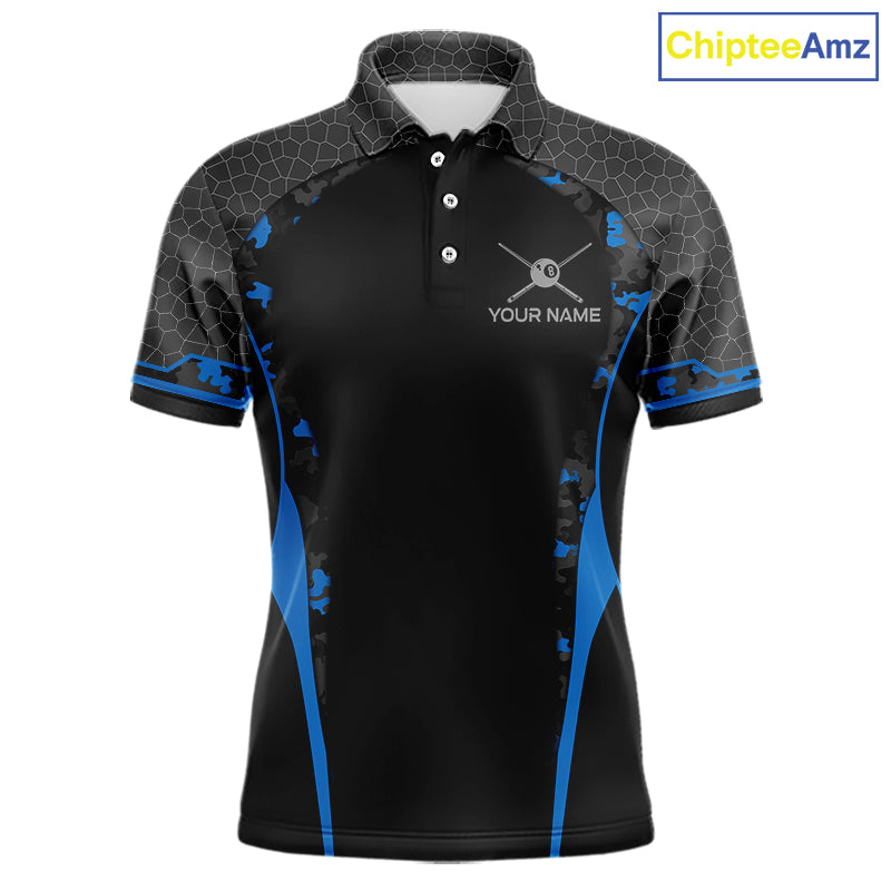 Camo 8 Ball Pool Billiard Polo & 1/4-Zip Shirt For Men Custom Blue And Black Billiard Team Attire NYN3049