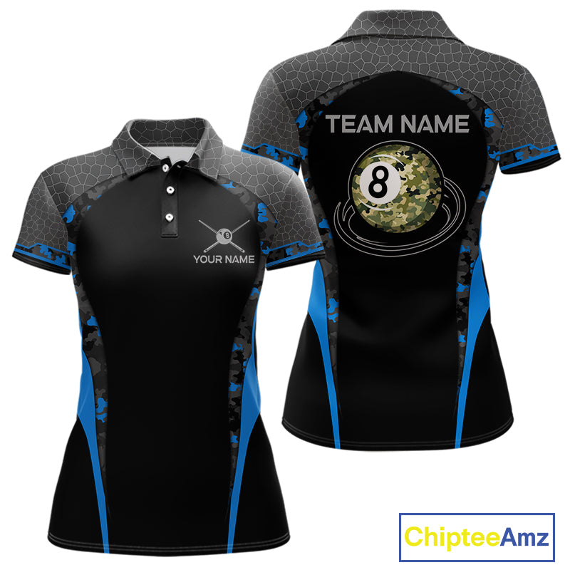 Camo 8 Ball Pool Billiard Polo & 1/4-Zip Shirt For Women Custom Blue And Black Billiard Team Attire NYN3049