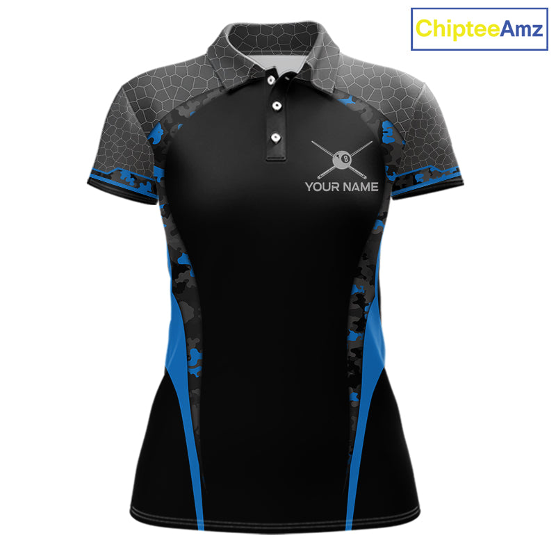 Camo 8 Ball Pool Billiard Polo & 1/4-Zip Shirt For Women Custom Blue And Black Billiard Team Attire NYN3049