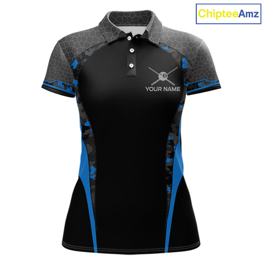 Camo 8 Ball Pool Billiard Polo & 1/4-Zip Shirt For Women Custom Blue And Black Billiard Team Attire NYN3049