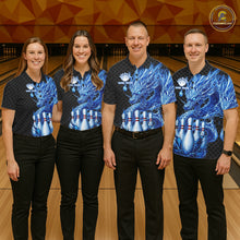 Load image into Gallery viewer, Bowling team wearing black blue dragon bowling polo shirts custom team jerseys for league and tournament bowlers