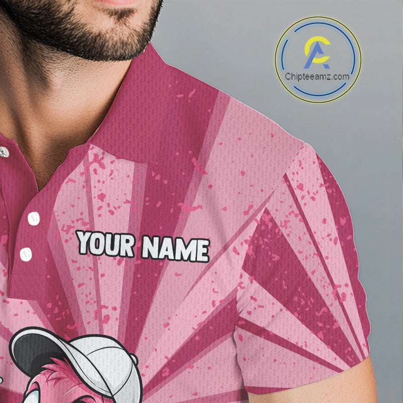 Male golfer wearing custom flamingo golf polo on championship course, premium moisture-wicking golf apparel for golf leagues, golf vacations and country club events.