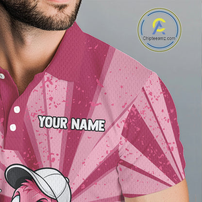 Male golfer wearing custom flamingo golf polo on championship course, premium moisture-wicking golf apparel for golf leagues, golf vacations and country club events.
