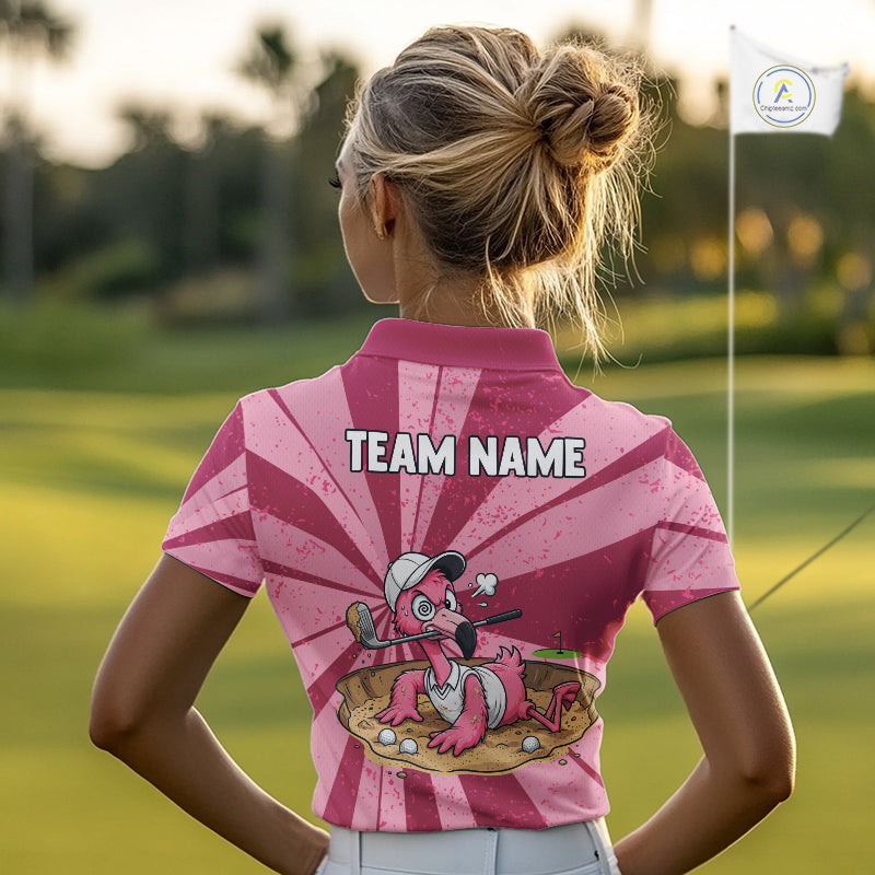 Female golfer wearing custom pink flamingo golf polo during a sunny golf tournament, breathable performance golf apparel for women golfers, tropical vacation lovers, flamingo enthusiasts and resort lifestyle fans. Symbolizes confidence, elegance, freedom and joyful living.