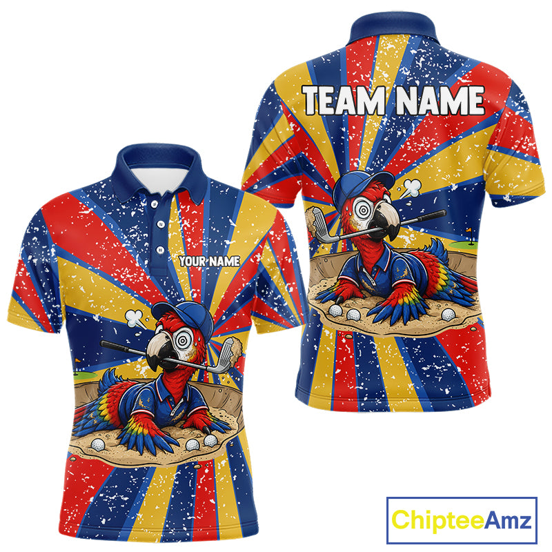 Men's golf polo mockup with colorful tropical parrot artwork, personalized performance golf shirt for golf tournaments, golf teams and country club events. Appeals to nature lovers, exotic bird fans and tropical lifestyle followers.